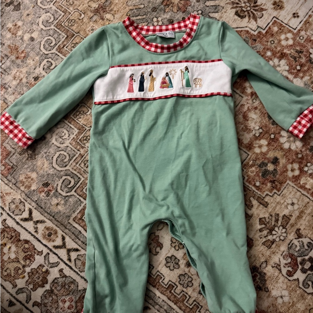 Charming Green Kids Footie with Red Checkered Trim